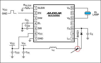 Optimization of the MAX4990 Hi,Figure 5. The red circle shows where a scope probe should be placed to detect inductor saturation.,第8张