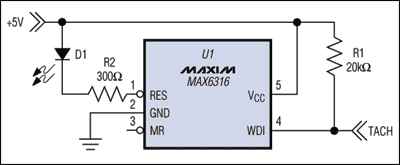具有风扇失效指示的监控IC,图1. MAX6316 ?P监控器监视风扇的转速计输出。,第2张