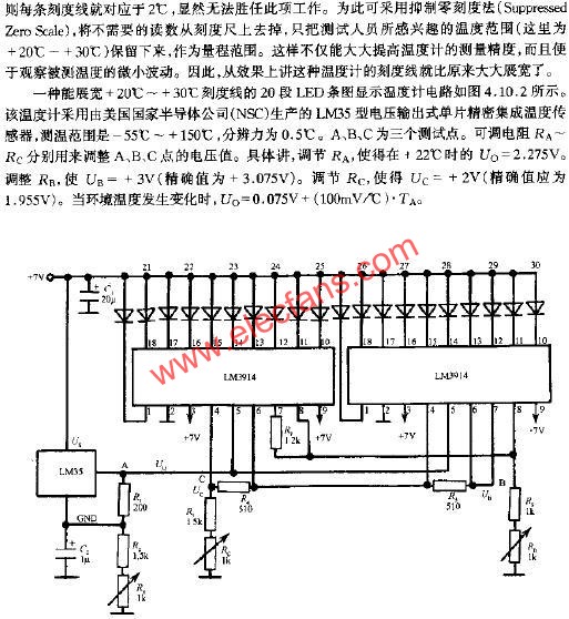 LED条图显示温度计的电路设计,能展宽刻度线的20段LED条图显示温度计电路  www.elecfans.com,第2张
