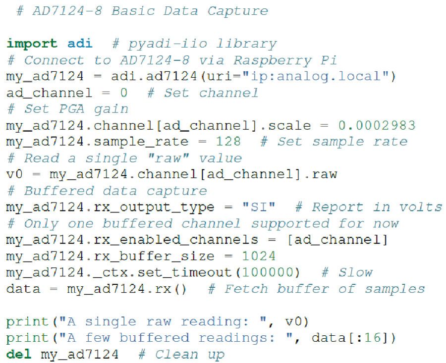 转换器连接教程:Python分析混合模式信号链中噪声的方法,第7张 转换器连接教程:Python分析混合模式信号链中噪声的方法,图 5. AD7124-8 基本数据采集。,第7张