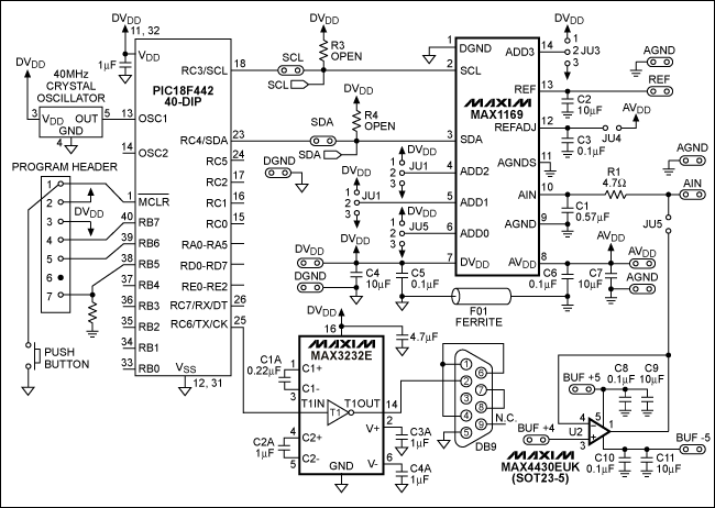 I²C总线的验证及实现--Proven Imple,第3张 I²C总线的验证及实现--Proven Imple,Figure 2. The I²C peripheral internal to this PIC18F442 µC connects to a 16-bit ADC (MAX1169).,第3张