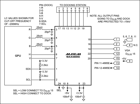 Reference Design for Switching,第2张 Reference Design for Switching,Figure 1. Application circuit for a VGA connection between a laptop and docking station features the MAX4885A VGA switch. The connector pin assignment for the docking station is determined by the designer. This design is just an illustration of one configuration.,第2张