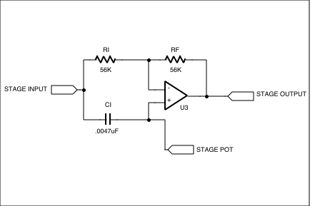数字控制移相-Digitally Control Phase,第10张 数字控制移相-Digitally Control Phase,Figure 6. One stage (of four) which implements the phase shift. This is the same circuit as Figure 3, but R1 of that circuit is replaced by a section of a hex potentiometer, referred to here as the ,第10张