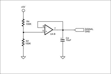 数字控制移相-Digitally Control Phase,第9张 数字控制移相-Digitally Control Phase,Figure 5. Since this is a single-supply circuit, this circuitry creates a virtual, or signal, ground for the rest of the circuitry. U4 is a TLC274 single-supply op amp.,第9张
