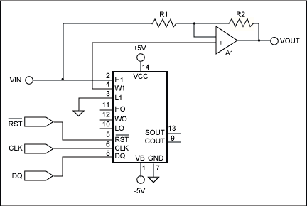 双极性控制数字放大器-Dual-Polarity Ampli,Figure 2. Using a digital potentiometer in place of S1 and S2 allows digital control of the gain of this circuit to be swept from -1 to +1. A feature of the DS1267 is that it powers up with the wiper in the center of the pot, resulting in equal levels being present at the inverting and noninverting inputs. This causes no output from the op amp, creating an effective power-on mute function.,第3张