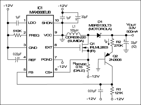 3.3V Supply Taps Power from th,This PWM boost-controller IC provides relief to an overloaded 3.3V backplane supply by generating a supplemental 3.3V regulated output from the lightly loaded -12V rail of a VME, VXI, or PCI backplane.,第2张