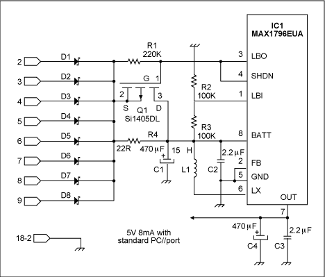 高效率升压转换剥夺并口-High-Efficiency St,Figure 1.This circuit robs about 40mW (8mA at 5V) from an 8-bit data port whenever you program all bits high.,第2张