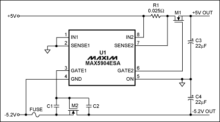 构建低电压负电源热插拔电路的三种方案,图2. 单芯片方案，为正、负电源提供浪涌电流限制，但-5.2V通道不具备断路器功能。,第3张