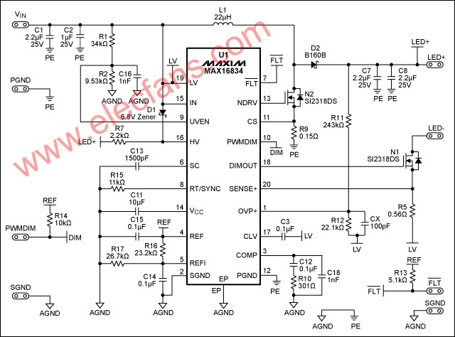 MAX16834构成的LED驱动器电路原理图,第2张 MAX16834构成的LED驱动器电路原理图,第2张