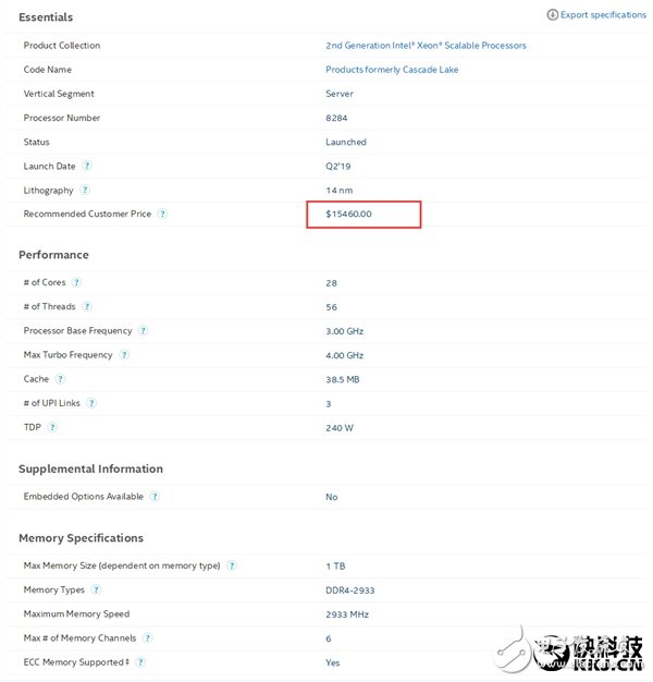 Intel发布一款28核心56线程型号“至强铂金8284” 标价约合人民币10.6万元,第2张