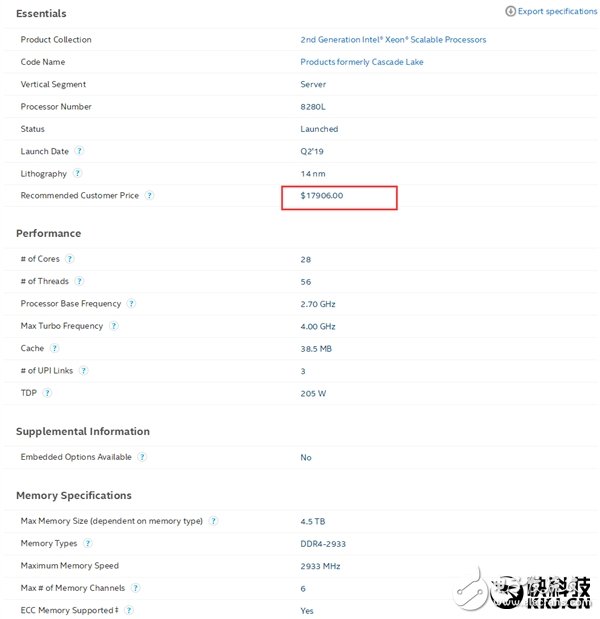 Intel发布一款28核心56线程型号“至强铂金8284” 标价约合人民币10.6万元,第3张