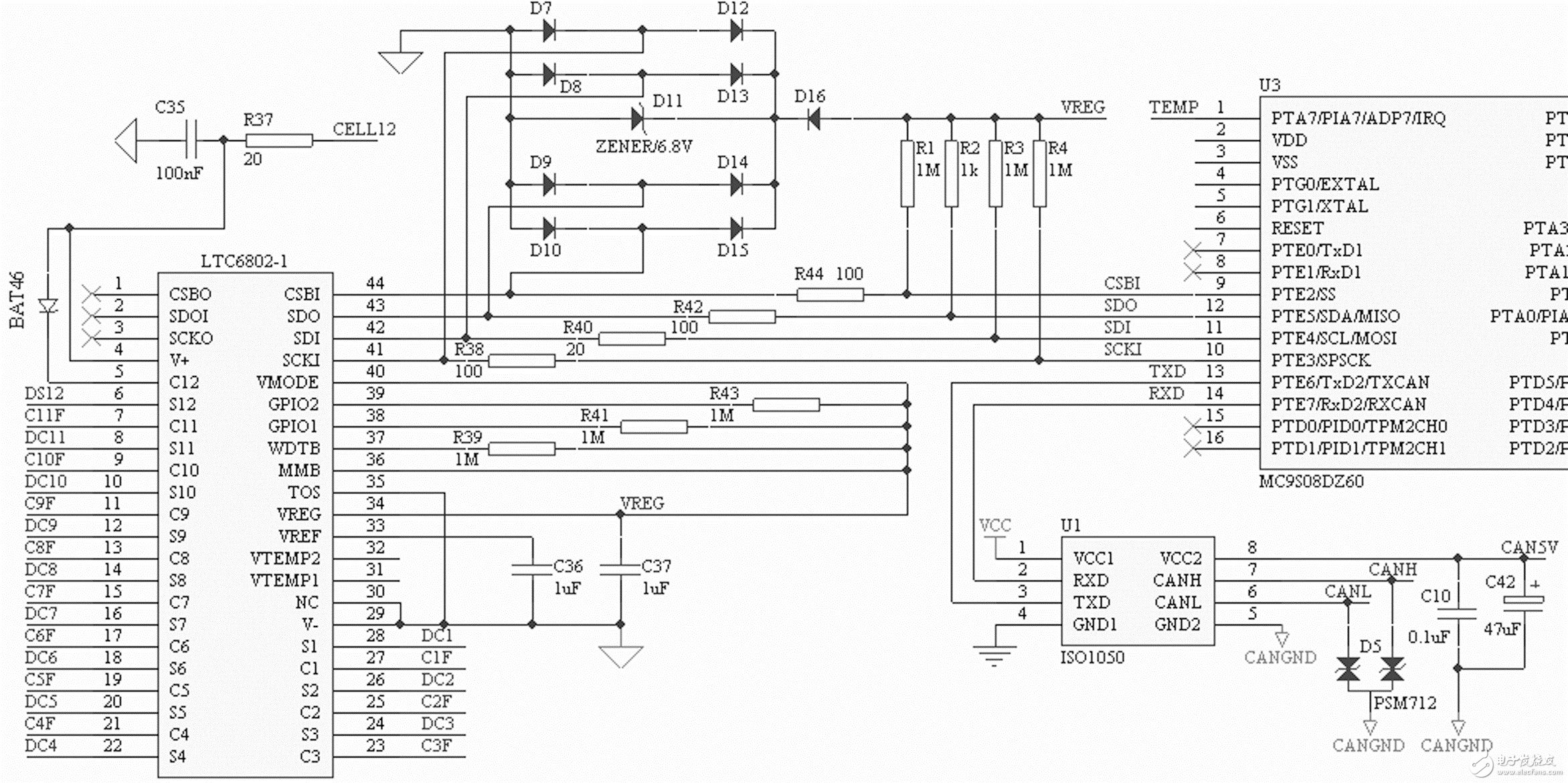 基于LTC6802的电池组监控平台的电路设计,LTC6802 与MCU 的连接电路,第3张