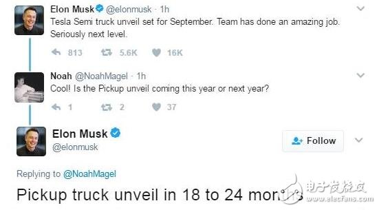 特斯拉电动汽车战线扩大!马斯克宣布今秋发布卡车,第2张 特斯拉电动汽车战线扩大!马斯克宣布今秋发布卡车,当地时间本周四,特斯拉CEO马斯克(Elon Musk)通过个人Twitter账号相继宣布,今年9月特斯拉将发布半挂式卡车,将在18到24个月内发布皮卡。这意味着,在今年7月平价电动汽车Modle 3投产两个月后,特斯拉家族又会增加新成员。,第2张