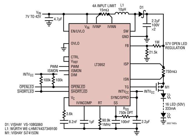 LT3952 短路坚固型升压 LED 驱动器具扩频调制功能,第2张 LT3952 短路坚固型升压 LED 驱动器具扩频调制功能,第2张