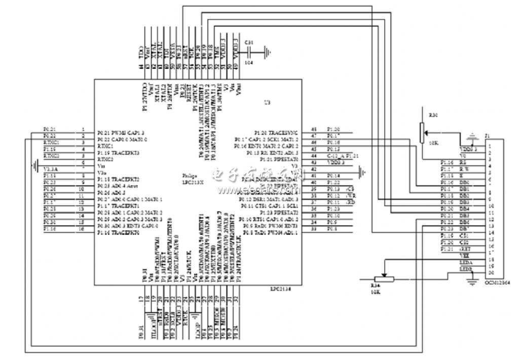 嵌入式汽车发动机检测装置设计,LPC2134与OCM12864接口电路图,第5张